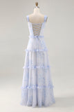 Blue Corset Floral Chiffon Maxi Wedding Guest Dress with Ruffles