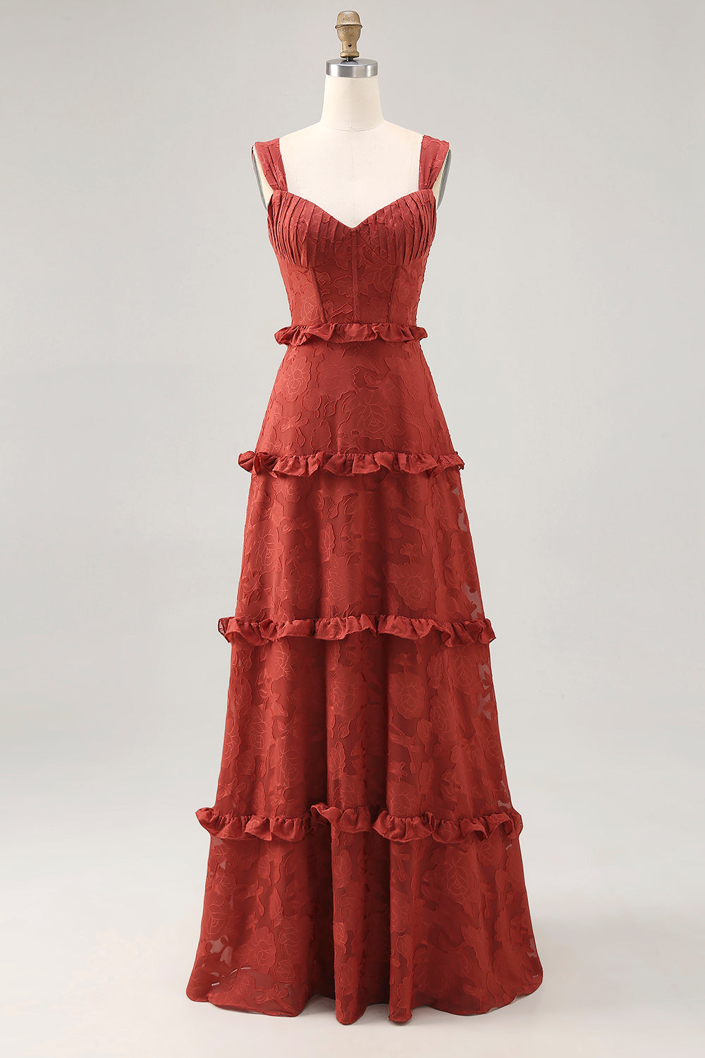 Terracotta Corset Ruffled Maxi Wedding Guest Dress with Lace