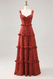 Terracotta Corset Ruffled Maxi Wedding Guest Dress with Lace