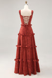 Terracotta Corset Ruffled Maxi Wedding Guest Dress with Lace