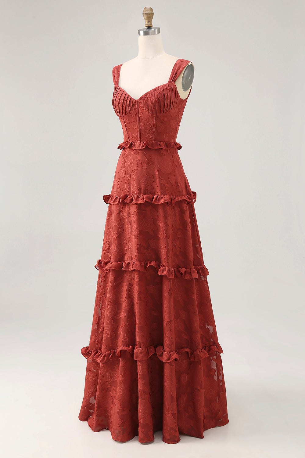 Terracotta Corset Ruffled Maxi Wedding Guest Dress with Lace