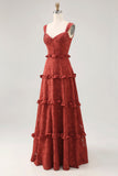 Terracotta Corset Ruffled Maxi Wedding Guest Dress with Lace