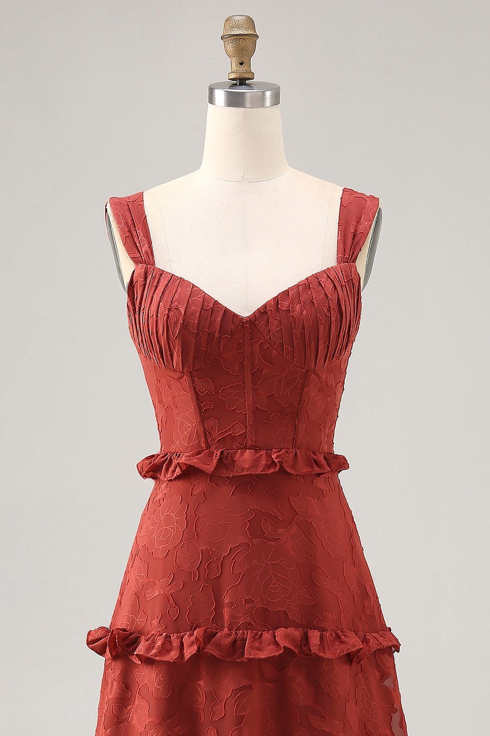 Terracotta Corset Ruffled Maxi Wedding Guest Dress with Lace