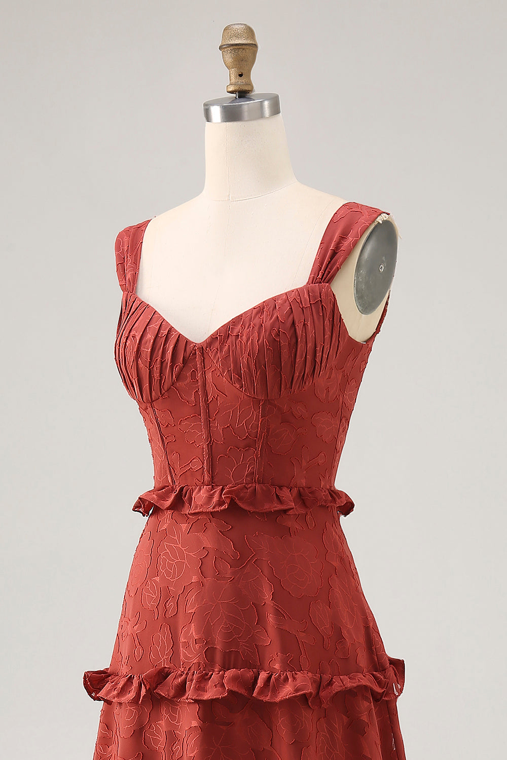 Terracotta Corset Ruffled Maxi Wedding Guest Dress with Lace