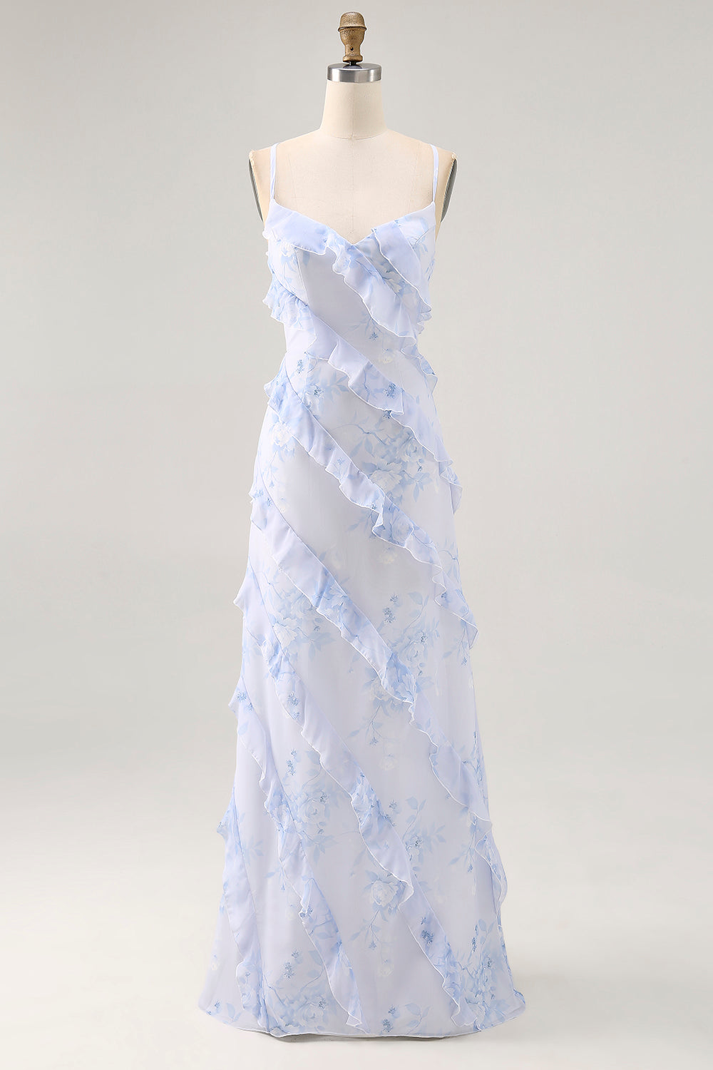 Blue Floral Chiffon Spaghetti Straps Long Wedding Guest Dress with Ruffles