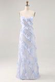 Blue Floral Chiffon Spaghetti Straps Long Wedding Guest Dress with Ruffles