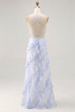 Blue Floral Chiffon Spaghetti Straps Long Wedding Guest Dress with Ruffles