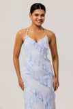 Blue Floral Chiffon Spaghetti Straps Long Wedding Guest Dress with Ruffles