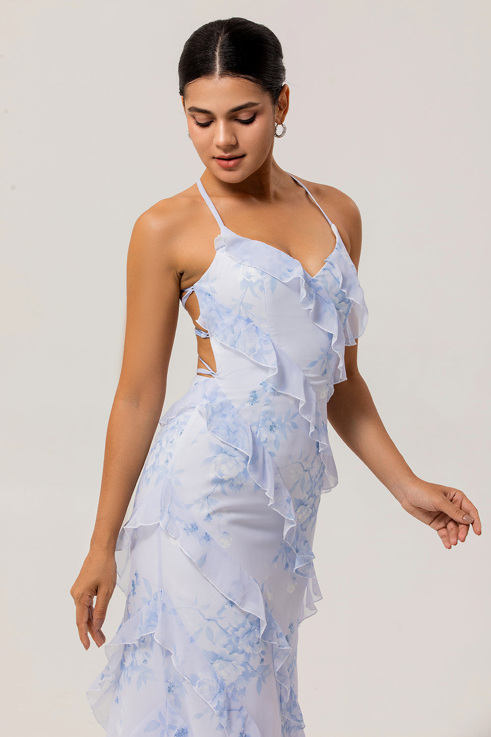 Blue Floral Chiffon Spaghetti Straps Long Wedding Guest Dress with Ruffles