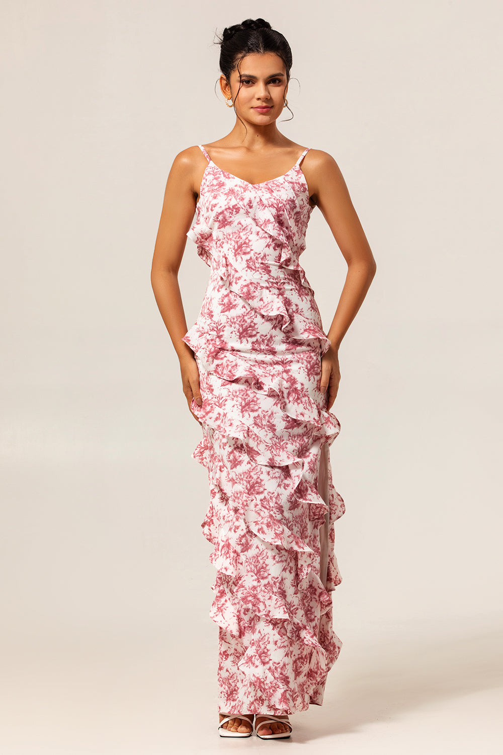 Blush Ruffled Flower Sheath Maxi Wedding Guest Dress with Slit