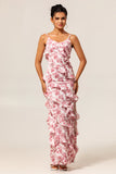 Blush Ruffled Flower Sheath Maxi Wedding Guest Dress with Slit