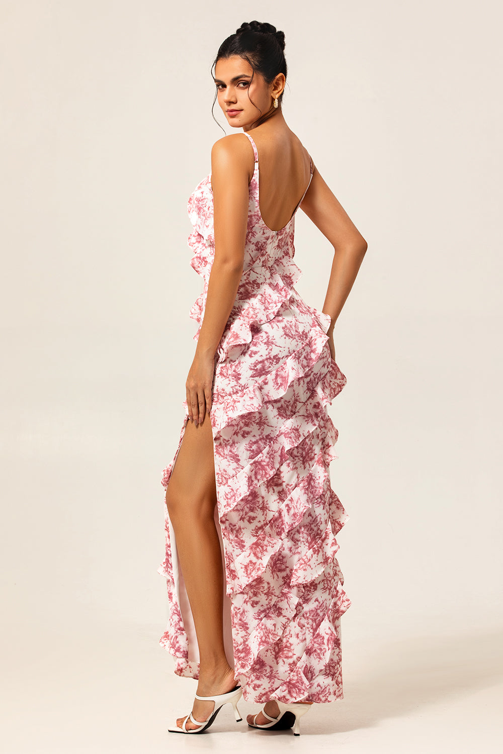 Blush Ruffled Flower Sheath Maxi Wedding Guest Dress with Slit