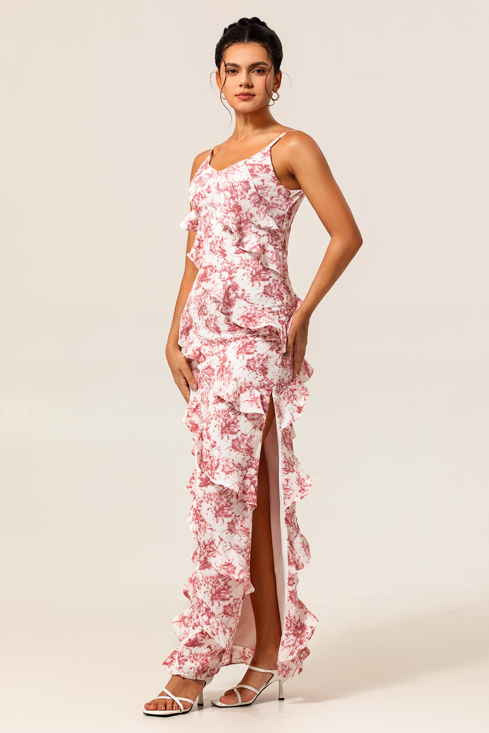 Blush Ruffled Flower Sheath Maxi Wedding Guest Dress with Slit