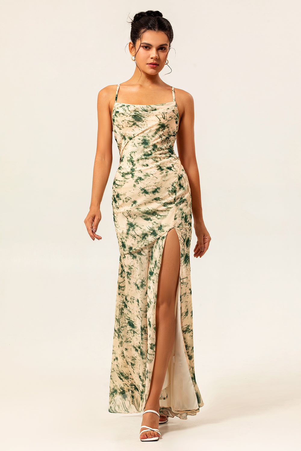 Champagne Mermaid Floral Long Ruched Wedding Guest Dress with Slit