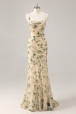Champagne Mermaid Floral Maxi Wedding Guest Dress with Slit