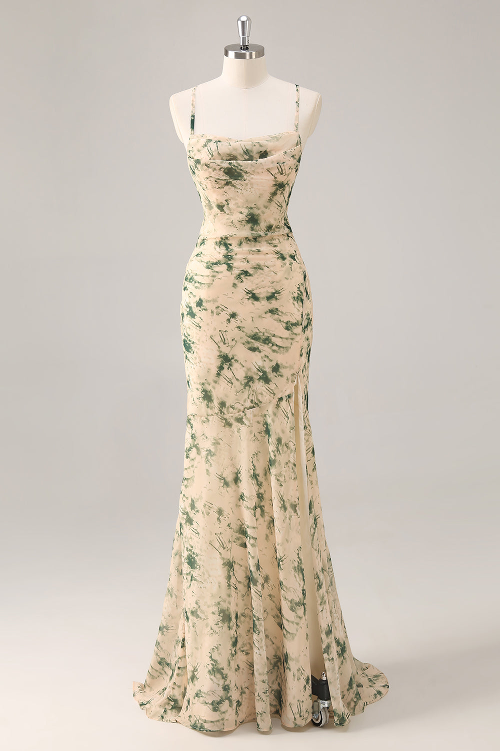 Zapakasa Women Champagne Floral Long Wedding Guest Dress with Slit Mermaid Ruched Criss Crossed Back Spaghetti Straps Bridesmaid Dress