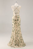 Champagne Mermaid Floral Long Ruched Wedding Guest Dress with Slit