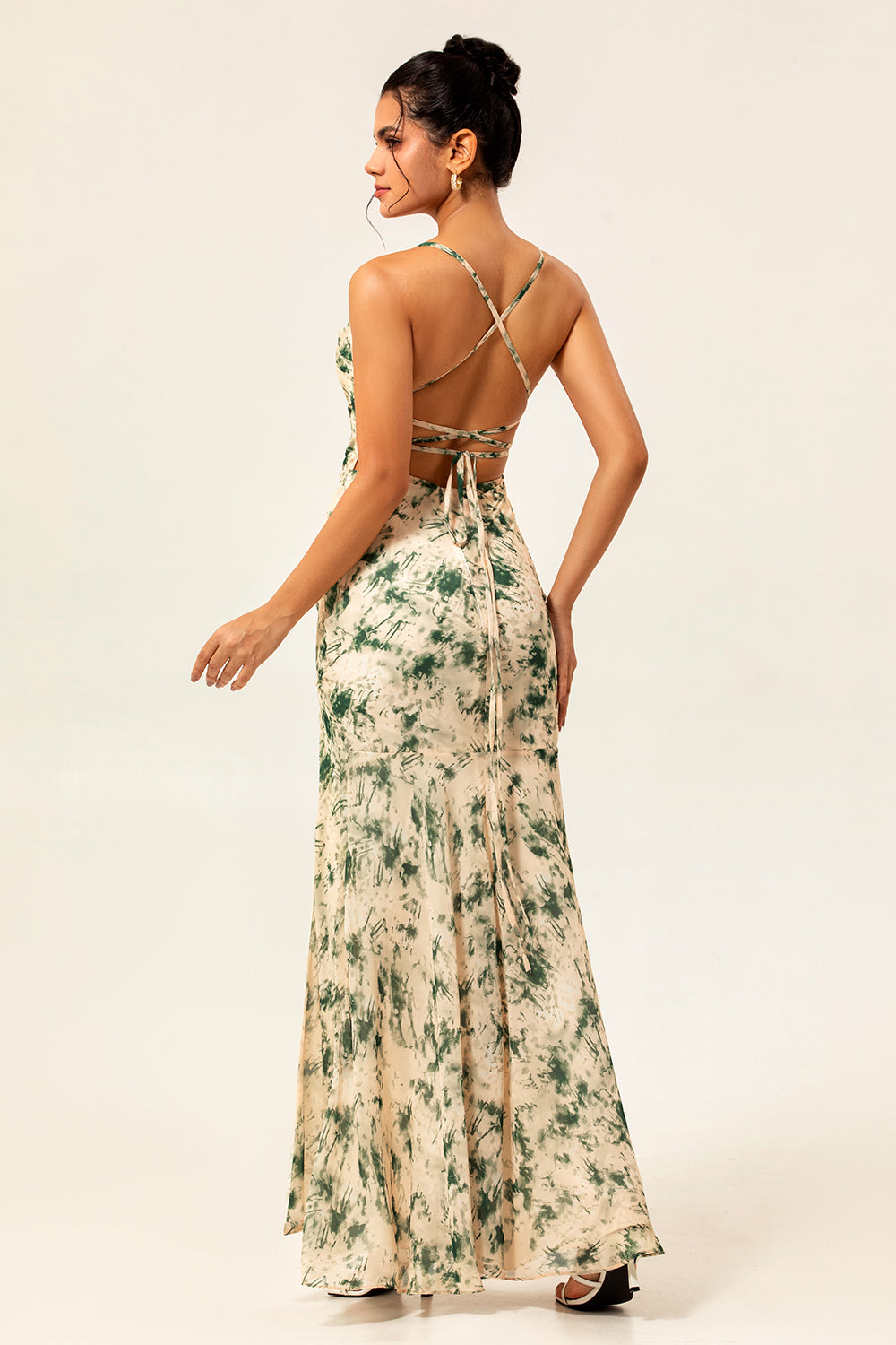 Champagne Mermaid Floral Long Ruched Wedding Guest Dress with Slit