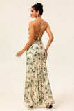 Champagne Mermaid Floral Long Ruched Wedding Guest Dress with Slit