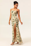 Champagne Mermaid Floral Long Ruched Wedding Guest Dress with Slit