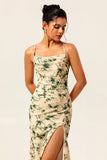 Champagne Mermaid Floral Long Ruched Wedding Guest Dress with Slit