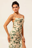 Champagne Mermaid Floral Long Ruched Wedding Guest Dress with Slit