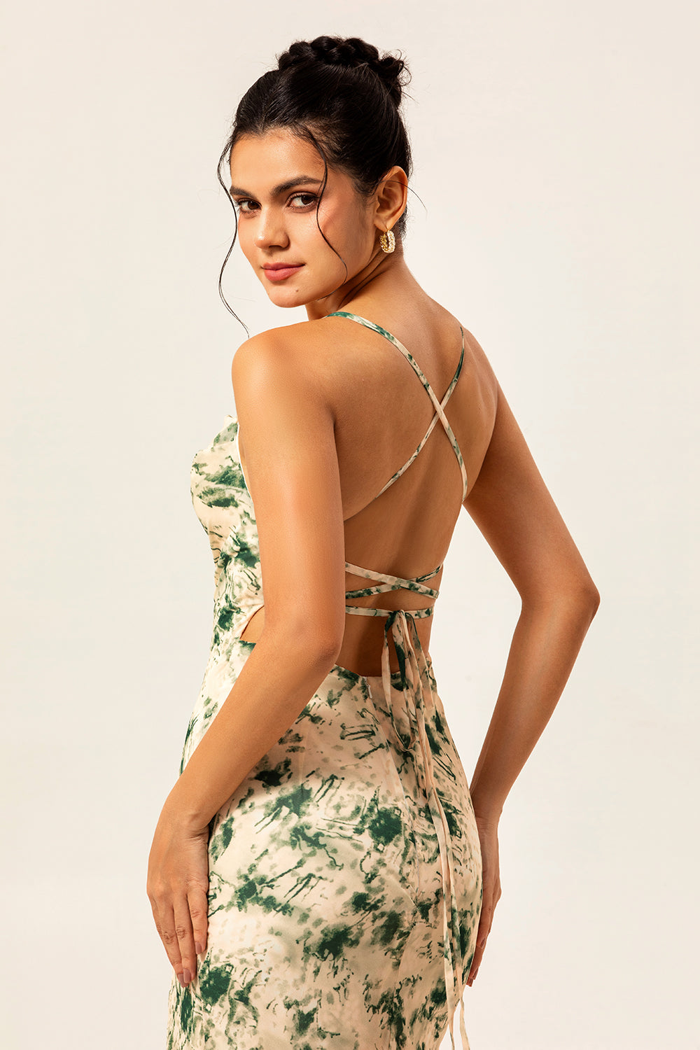 Champagne Mermaid Floral Long Ruched Wedding Guest Dress with Slit