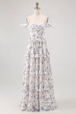 Purple Floral Corset Off the Shoulder Chiffon A-Line Maxi Wedding Guest Dress