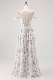 Purple Floral Corset Off the Shoulder Chiffon A-Line Maxi Wedding Guest Dress