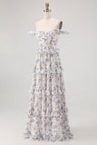 Purple Floral Corset Off the Shoulder Chiffon A-Line Maxi Wedding Guest Dress