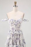 Purple Floral Corset Off the Shoulder Chiffon A-Line Maxi Wedding Guest Dress