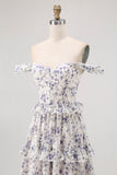 Purple Floral Corset Off the Shoulder Chiffon A-Line Maxi Wedding Guest Dress