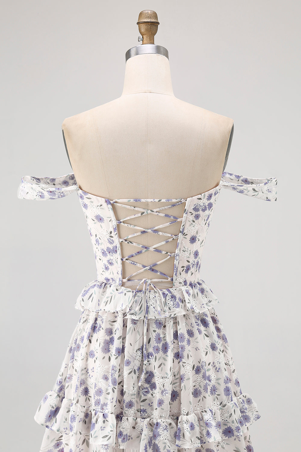 Purple Floral Corset Off the Shoulder Chiffon A-Line Maxi Wedding Guest Dress