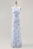 Blue Mermaid Chiffon Floral Maxi Wedding Guest Dress