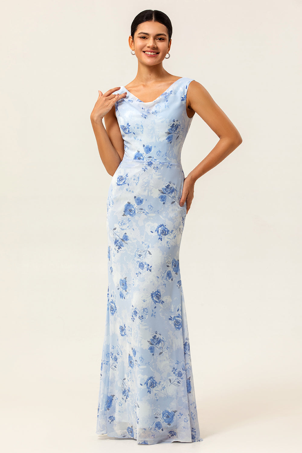 Blue Mermaid Chiffon Floral Maxi Wedding Guest Dress