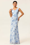 Blue Mermaid Chiffon Floral Maxi Wedding Guest Dress