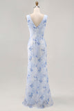 Blue Mermaid Chiffon Floral Maxi Wedding Guest Dress