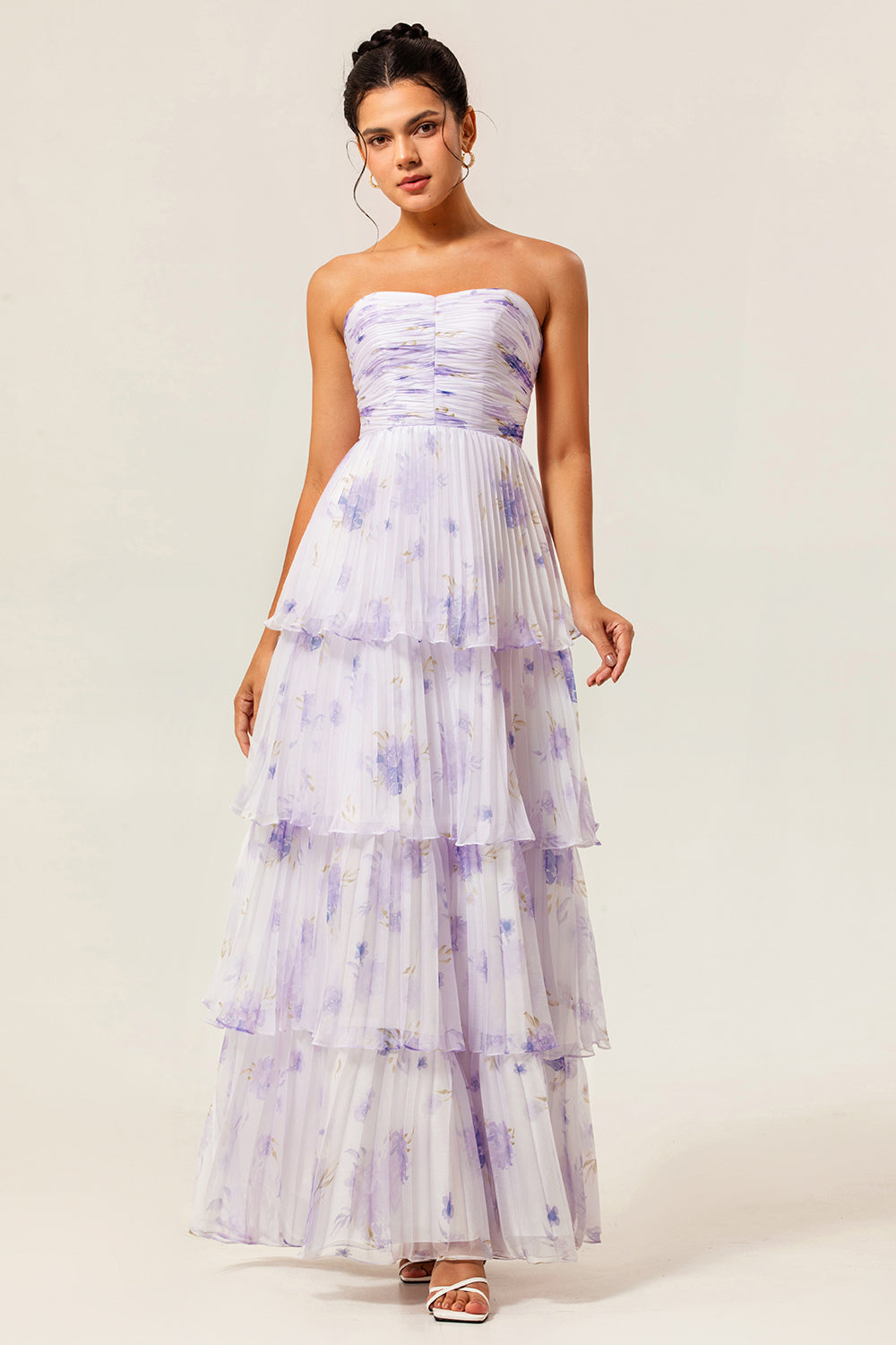 Lavender Floral Strapless Pleated Maxi A Line Bridesmaid Dress with Ruffles