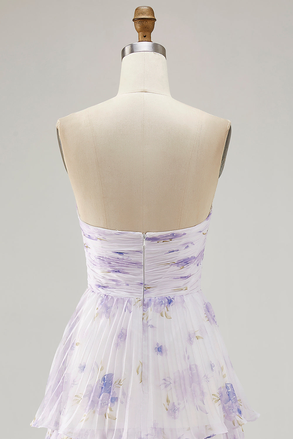 Lavender Floral Strapless Pleated Maxi A Line Bridesmaid Dress with Ruffles