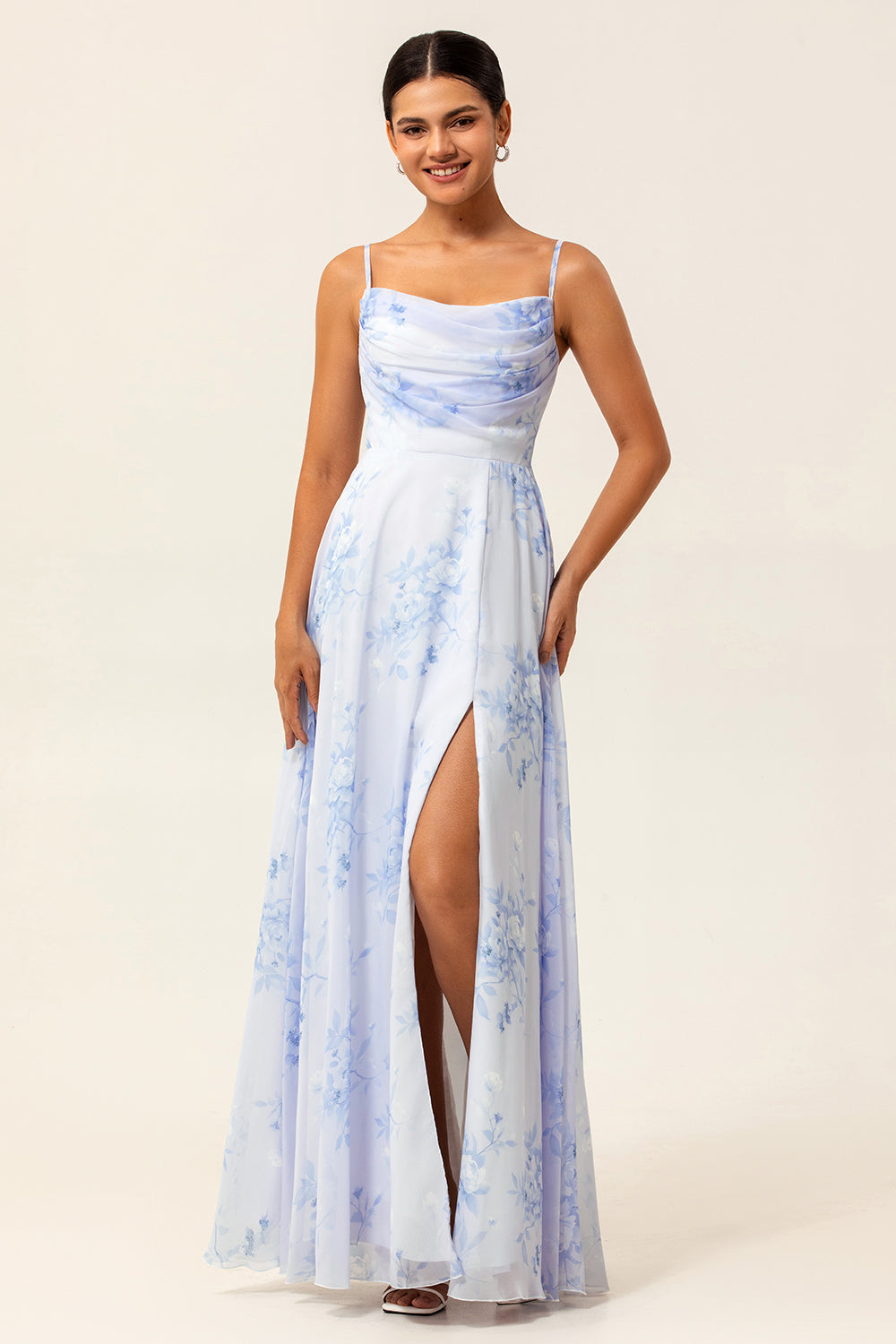 Blue Flower Chiffon Spaghetti Straps Maxi Bridesmaid Dress with Slit