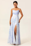 Blue Flower Chiffon Spaghetti Straps Maxi Bridesmaid Dress with Slit