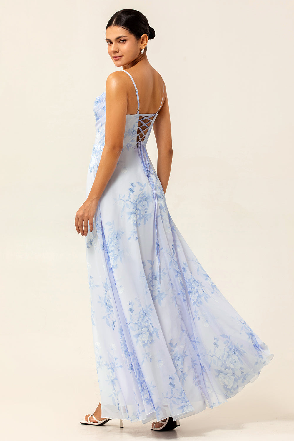 Blue Flower Chiffon Spaghetti Straps Maxi Bridesmaid Dress with Slit