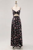 Black Floral Cut Out A Line Maxi Wedding Guest Dress with Slit