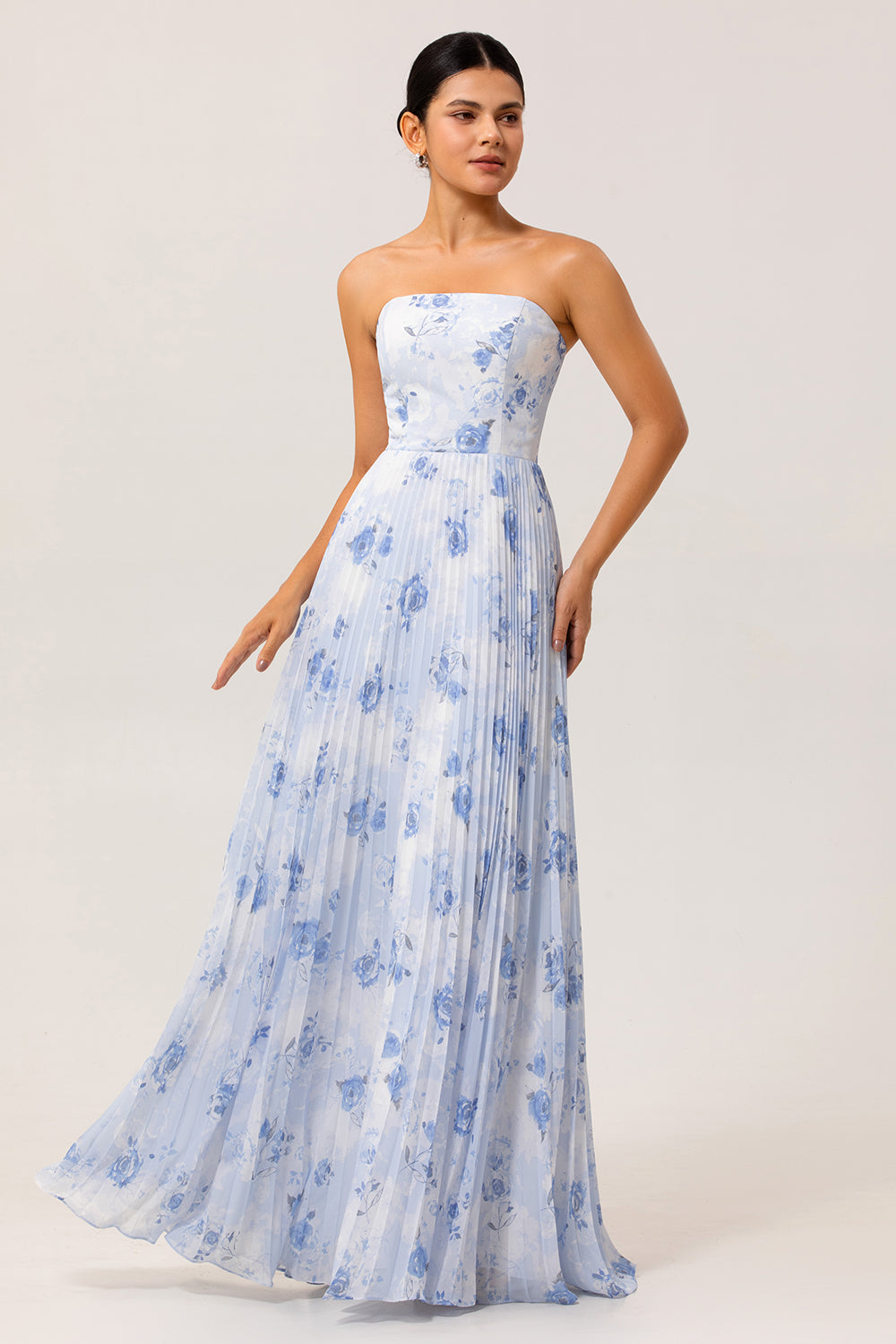 Blue Chiffon Strapless Floral Long Wedding Guest Dress with Pleats
