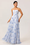 Blue Chiffon Strapless Floral Long Wedding Guest Dress with Pleats