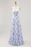 Blue Chiffon Strapless Floral Long Wedding Guest Dress with Pleats