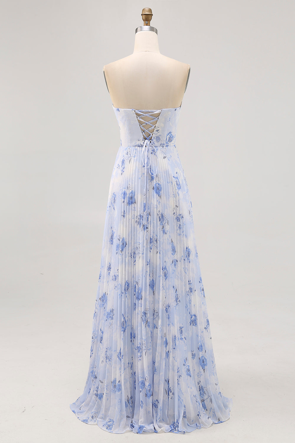 Blue Chiffon Strapless Floral Long Wedding Guest Dress with Pleats