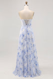 Blue Chiffon Strapless Floral Long Wedding Guest Dress with Pleats