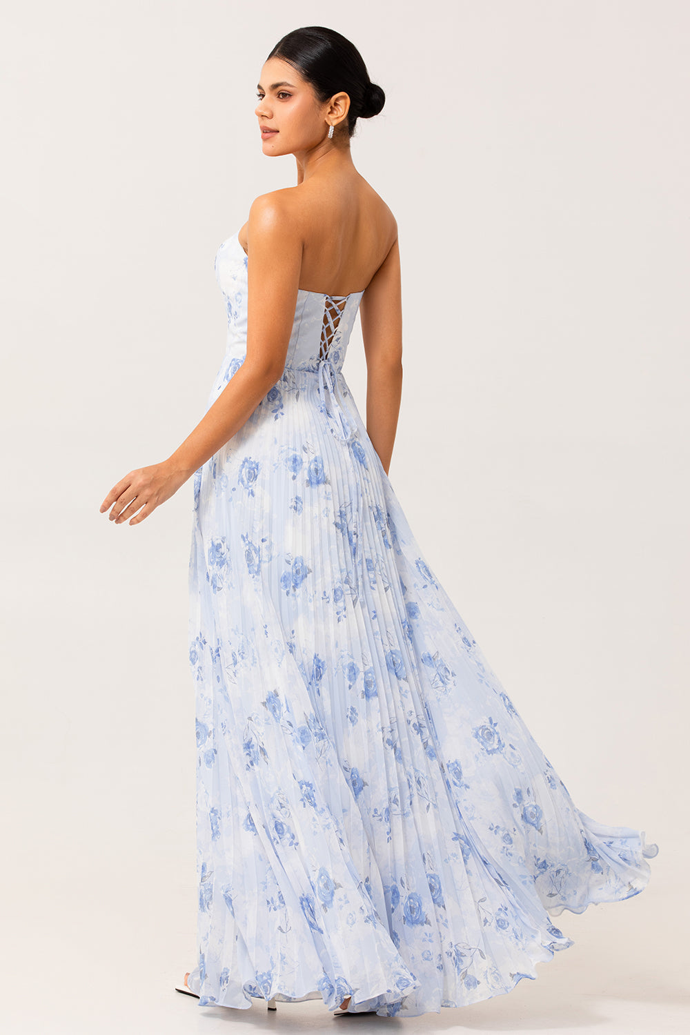 Blue Chiffon Strapless Floral Long Wedding Guest Dress with Pleats
