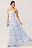 Blue Chiffon Strapless Floral Long Wedding Guest Dress with Pleats